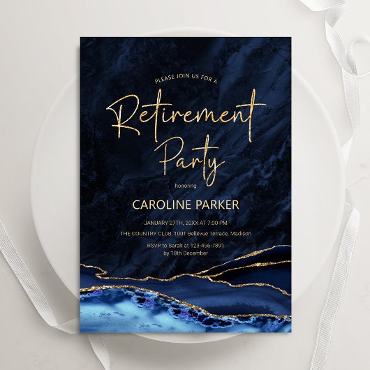 Invitation Agate Navy Blue Gold Retraite Party
