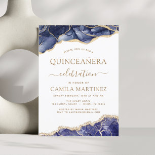 Invitation Agate Navy Blue Quinceañera Gold 15e anniversaire