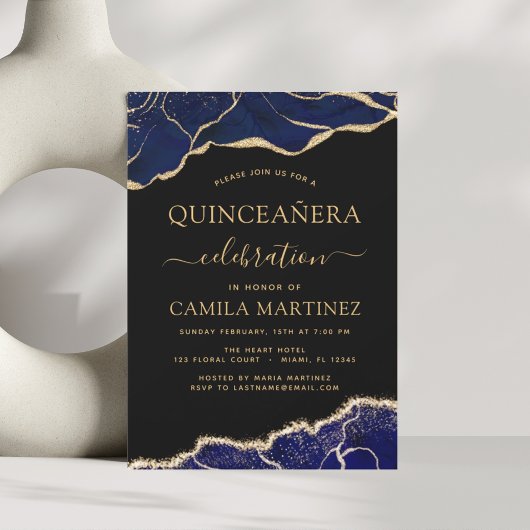 Invitation Agate Navy Blue Quinceañera Gold 15e anniversaire