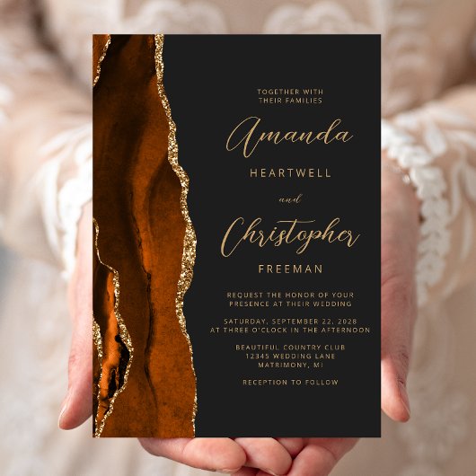 Invitation Agate Or Jaune Brûlé Mariage Ardoise Script
