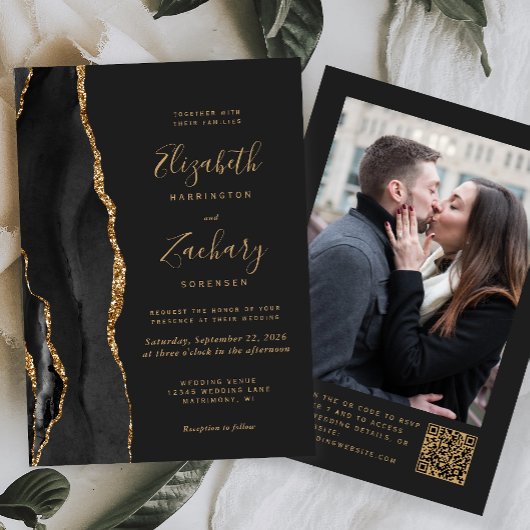 Invitation Agate Or Noir Code QR Photo Sombre Mariage