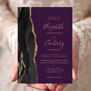 Invitation Agate Or Noir Mariage Violet Foncé