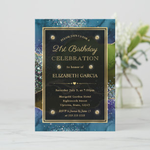 Invitation Agate Pailleté Bleu, Vert et Or pour les 21 Ans
