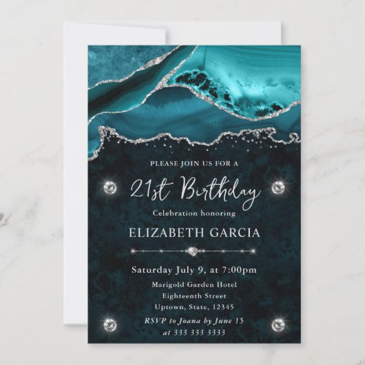 Invitation Agate Pailletée Bleu-vert et Argent 21e Anniversai (Devant)