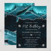Invitation Agate Pailletée Bleu-vert et Argent 21e Anniversai (Devant / Derrière)
