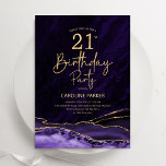 Invitation Agate Purple Gold 21e anniversaire<br><div class="desc">Purple et or agate 21e anniversaire invitation de fête. Design élégant et moderne avec aquarelle agate marbre arrière - plan,  fausse parties scintillant or et typographie script de police. Carte invitation branchée parfaite pour une célébration anniversaire féminine élégante. Invitations Zazzle imprimées ou téléchargement instantané modèle imprimable numérique.</div>