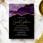 Invitation Agate Purple Gold Dark Sweet 16 Anniversaire<br><div class="desc">Cette invitation branchée à l'anniversaire de Sweet sixteen présente une aquarelle d'une géode d'agate dans les tons violets avec des reflets d'or. Les mots "Sweet sixteen" apparaissent dans la parties scintillant en faux or dans la police décorative moderne d'écriture manuscrite. Customisez-le avec le nom de l'honoré dans le texte couleur...</div>