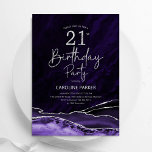 Invitation Agate Purple Silver 21e anniversaire<br><div class="desc">Purple et argent agate 21e anniversaire invitation de fête. Design élégant et moderne avec aquarelle agate marbre arrière - plan,  faux parties scintillant argent et typographie script. Carte invitation branchée parfaite pour une célébration anniversaire féminine élégante. Invitations Zazzle imprimées ou téléchargement instantané modèle imprimable numérique.</div>