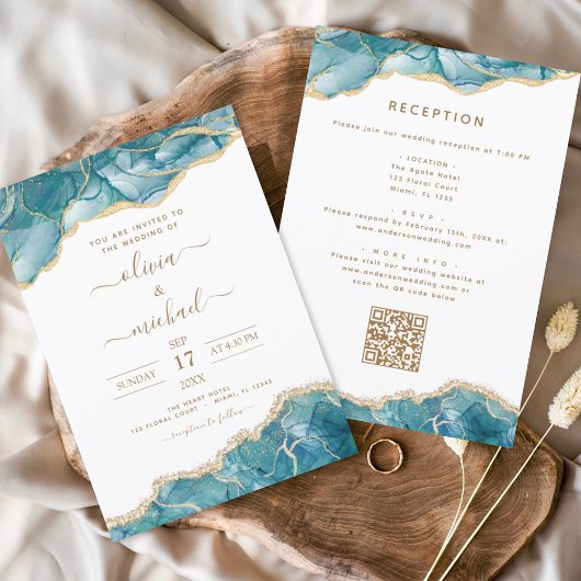 Invitation Agate QR Code Turquoise Turquoise Gold Mariage