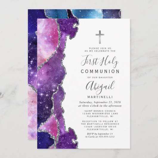 Invitation Agate rose bleu étoilé Argent Première Communion s (Devant / Derrière)