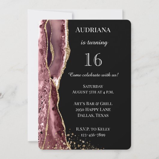 Invitation Agate rose Rose noir Parties scintillant or 16e an (Devant)