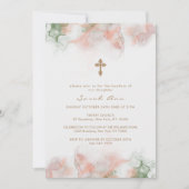 Invitation Agate rose vert moderne Photo Croix d'or Baptême (Devant)