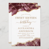 Invitation Agate Sweet 16 Anniversaire Bourgogne Or (Devant / Derrière)