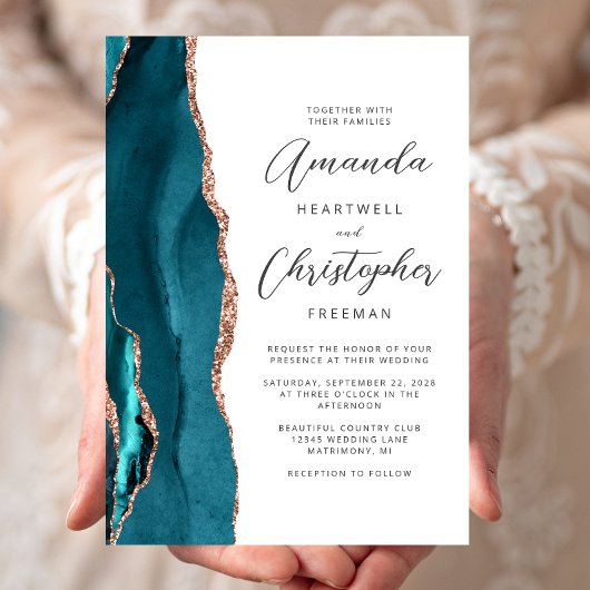 Invitation Agate Teal Rose Gold Script Wedding