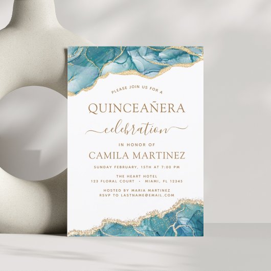 Invitation Agate Turquoise Quinceañera Turquoise Gold Blue In