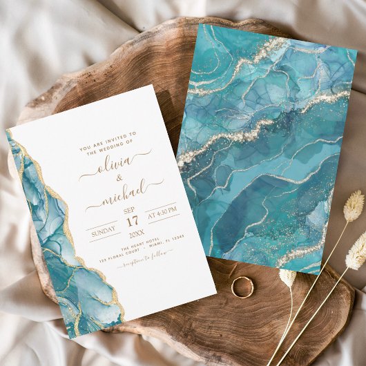 Invitation Agate Turquoise Turquoise Gold Mariage