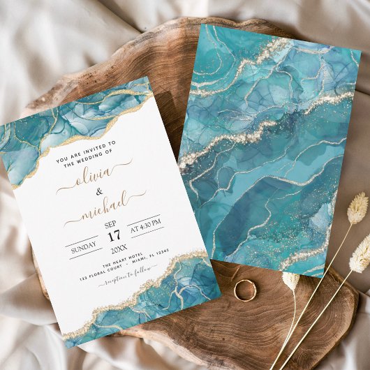Invitation Agate Turquoise Turquoise Gold Mariage