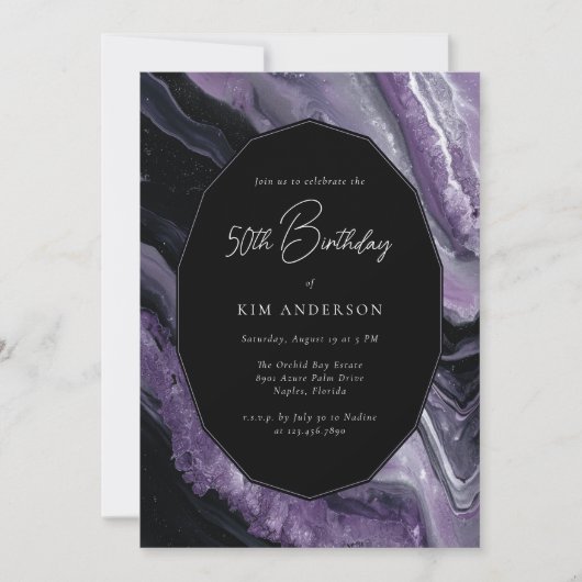 Invitation Agate violet noir moderne élégant 50e anniversaire (Devant)