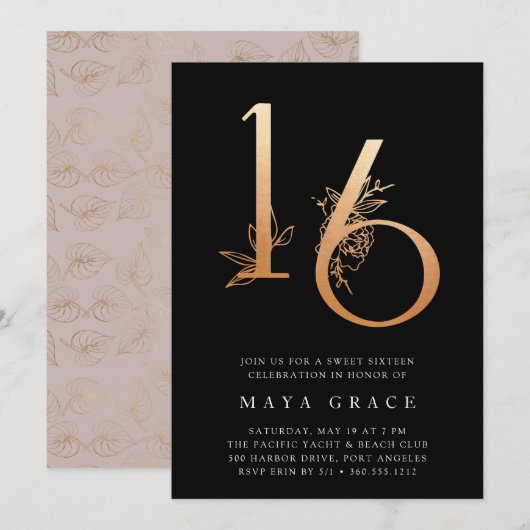 Invitation Âge d'or | Rose Gold Sweet 16 Anniversaire (Devant / Derrière)