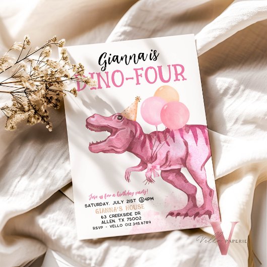 Invitation AGE modifiable rose T-Rex Dinosaures Anniversaire