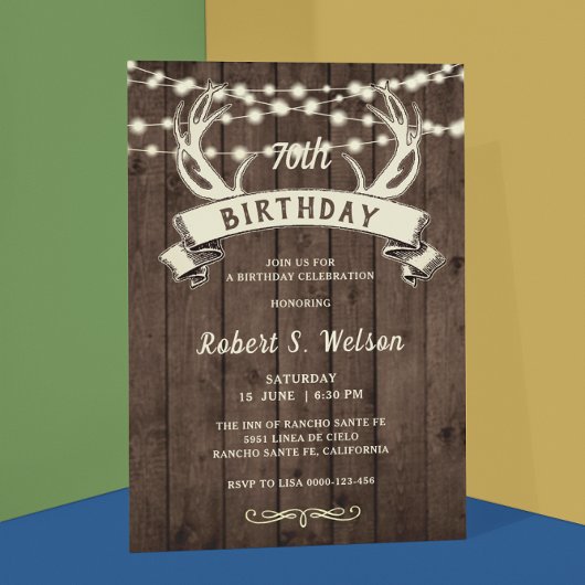 Invitation AGE Rustic Antlers Banner Anniversaire masculin