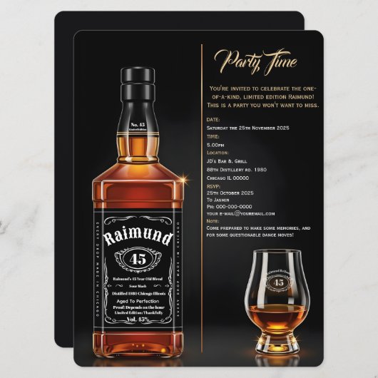 Invitation Aged to Perfection Whiskey Bottle Custom Birthday (Devant / Derrière)