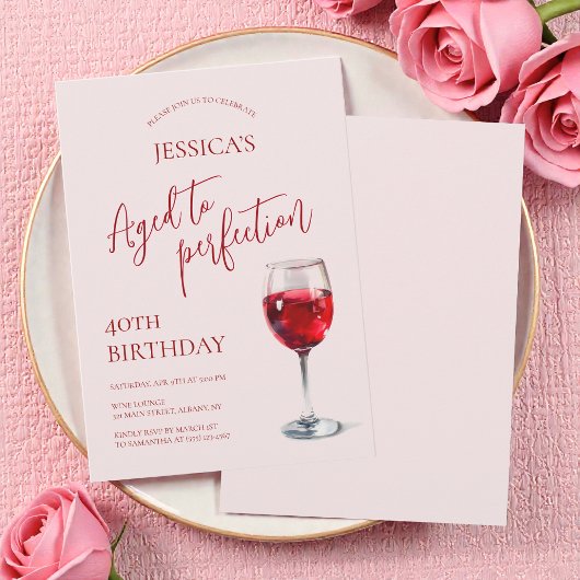 Invitation Aged to Perfection Wine Pink 40th Birthday Party