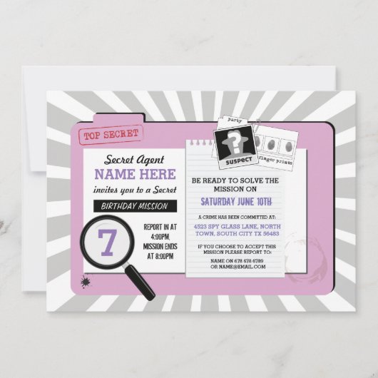 Invitation Agent secret Anniversaire PinkInspecteur Invitatio (Devant)