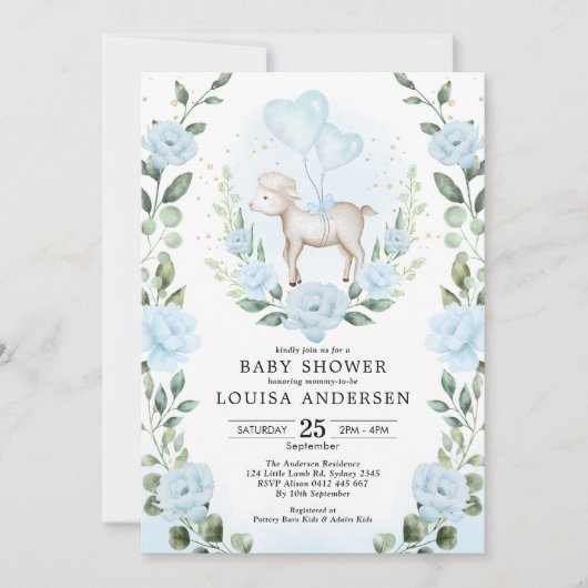 Invitation Agneau à fleurs bleu doux Baby shower jardin de pr (Devant)