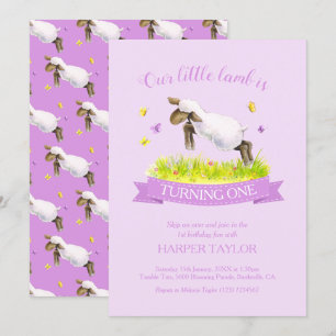 Invitation Agneau de printemps sauter mignon violet 1er anniv