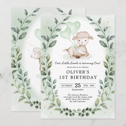 Invitation Agneau de verdure 1er anniversaire Baby Sheep Part (Devant / Derrière)