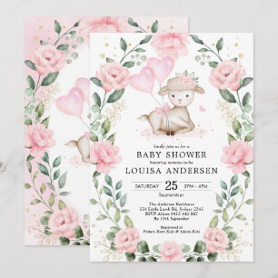 Invitation Agneau Floral Rose mignon Ballons Baby shower fill