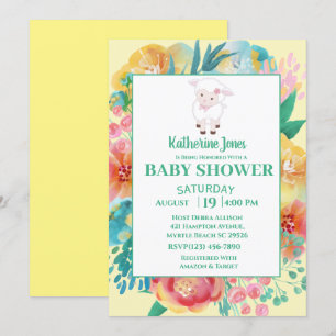 Invitation Agneau mignon Baby shower floral vert jaune
