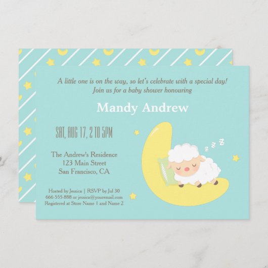 Invitation Agneau mignon sur la lune Baby shower fêtes Invita (Devant / Derrière)