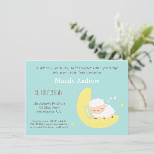 Invitation Agneau mignon sur la lune Baby shower fêtes Invita (Debout devant)