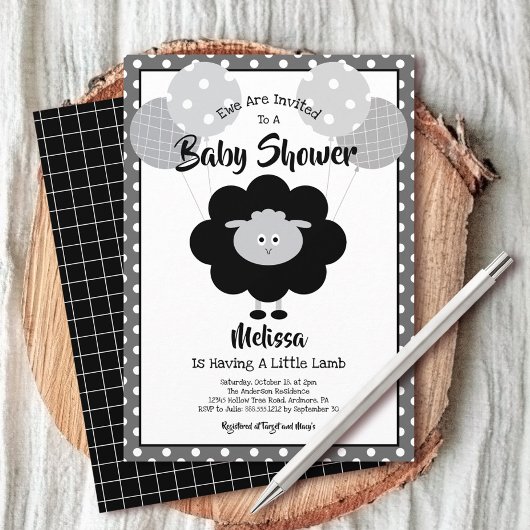 Invitation Agneau noir blanc Baby shower mignonne Simple mode