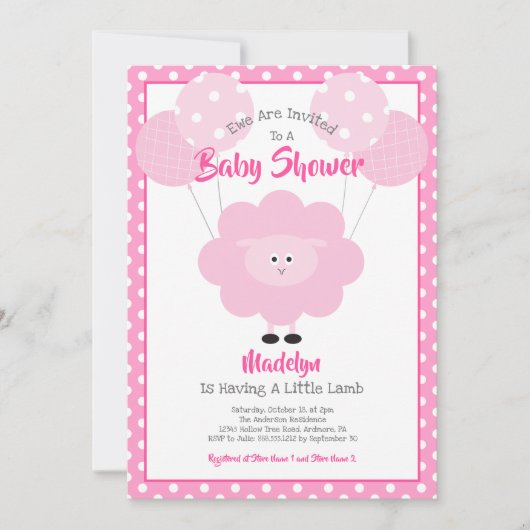 Invitation Agneau rose Baby shower Script Ballons mignons Mod (Devant)