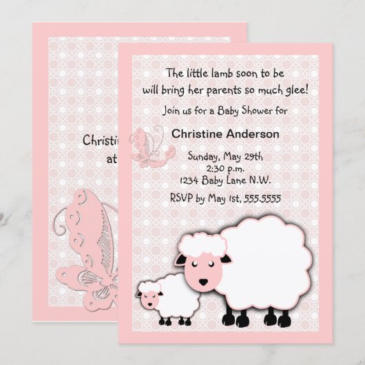 Invitation Agneau rose bébé fille douche (Devant / Derrière)