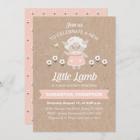 Invitation Agneau rose mignon bébé fille douche (Devant / Derrière)