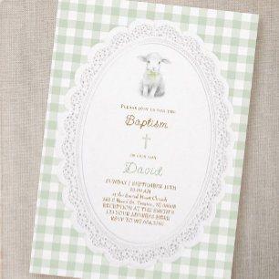 Invitation agneau rustique mignon vert sauge à carreaux Bap