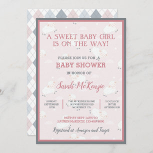Invitation Agneaux Bébés rose Gris Blanc Leaping Baby shower