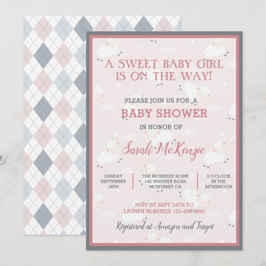 Invitation Agneaux Bébés rose Gris Blanc Leaping Baby shower (Devant / Derrière)