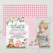 Invitation Agritourisme rose floral photo 1er anniversaire (Devant / Derrière)