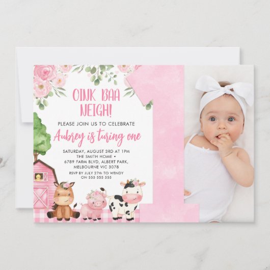 Invitation Agritourisme rose Photo 1er anniversaire Invitatio (Devant)