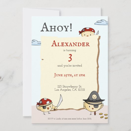 Invitation Ahoy Bird Pirate Thème Anniversaire (Devant)