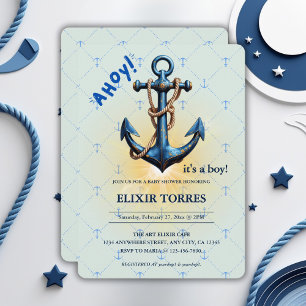Invitation Ahoy bleu moderne ! Ancre Baby shower nautique