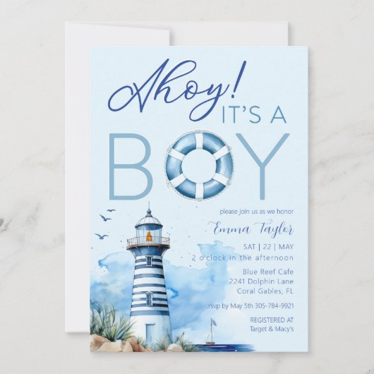 Invitation Ahoy C’est un garçon Baby shower nautique Invitati (Devant)