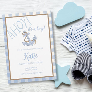 Invitation Ahoy c'est un baby shower bleu et blanc garçon