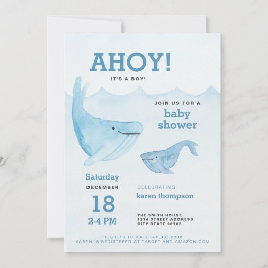 Invitation Ahoy c'est un baby shower d'aquarelle de baleine (Devant)