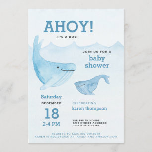 Invitation Ahoy c'est un baby shower d'aquarelle de baleine